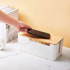 Cable Management Box with Bamboo Lid for Extension Cord Power Stripe Surge Protector Wire Concealer Organizer Cover Hider