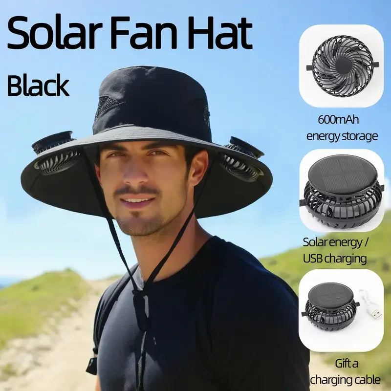 Large Size Quick Dry Bucket Hat with Solar Powered Fan USB Charging Sun Hat for Men Outdoor Hiking Camping Fishing Cooling Wear