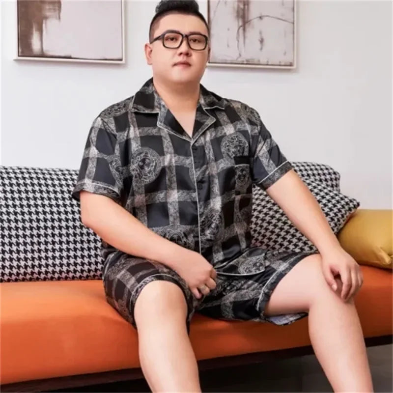 160kg 5XL Plus Size Satin Loose Loungewear Men Short Sleeve Ice Silk Pajama Button Down 2-Piece Pjs Set Sleepwear Home Clothes