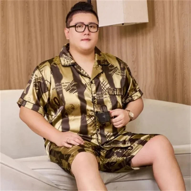 160kg 5XL Plus Size Satin Loose Loungewear Men Short Sleeve Ice Silk Pajama Button Down 2-Piece Pjs Set Sleepwear Home Clothes