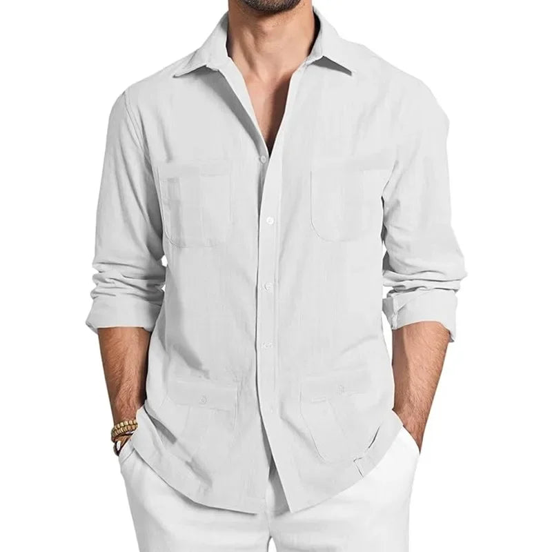 Men's Cuban Guayabera Long Sleeve Shirt Linen Casual Button up Beach Top Comfortable Breathable Summer Fashion Clothing