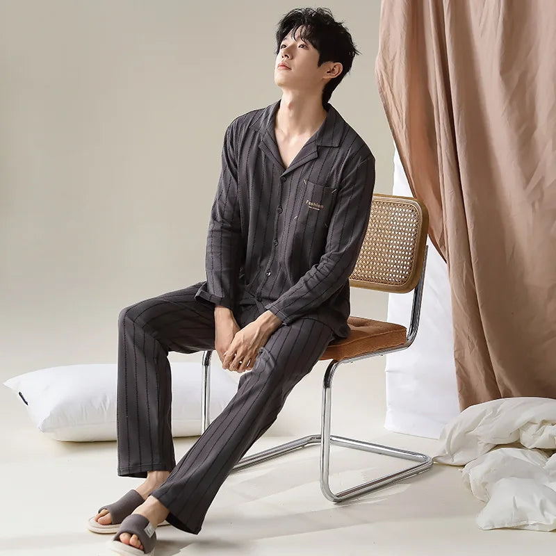 Pajamas Suit Men Pure Cotton Long-sleeved Striped Printed Cardigan Sleepwear Winter Soft Breathable Homewear Men Loungewear Set