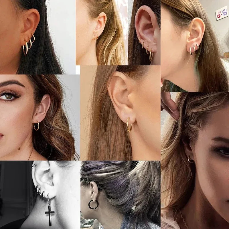 2Pcs Men's Simple Hoops Earrings Black Color Stainless Steel Clip Earring for Men Women Rock Hiphop Circle Ear Piercing Jewelry