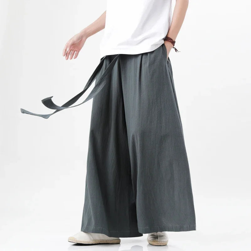 Chinese Style Linen Cotton Retro Pants Man Summer Kimono  Solid Color Traditional Pants Male Streetwear Casual Wide-Leg Trousers