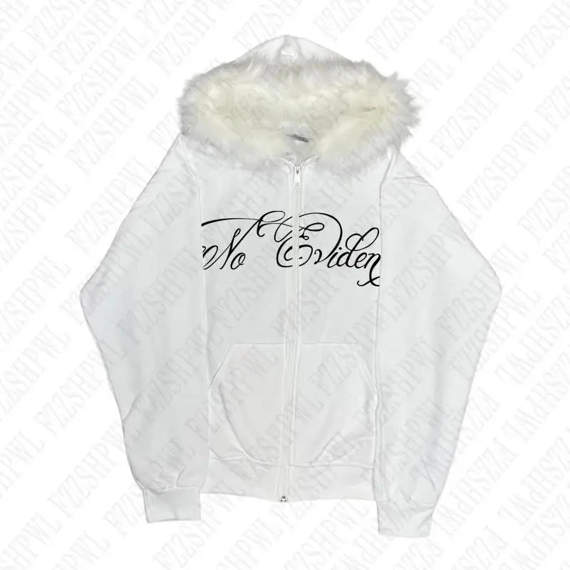 Y2k Gothic Punk Hip Hop Letter Print Faux Fur Collar Zip Up Hoodie Harajuku Aesthetic 2000s Hoodies Clothes Streetwear EMO Girl