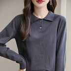 New Women Pure Cotton Sweater Polo Collar Pullover Casual Solid Color Knitwear Long Sleeve Autumn Winter Bottoming Clothing Tops