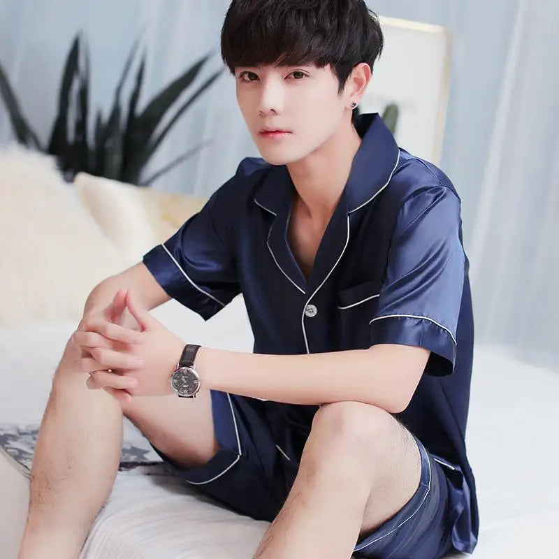 Summer Men's New Ice Silk Pajamas Homewear Suit Men's Thin Short-Sleeved Shorts Loose Large Size Youth Fashion Leisure Suit