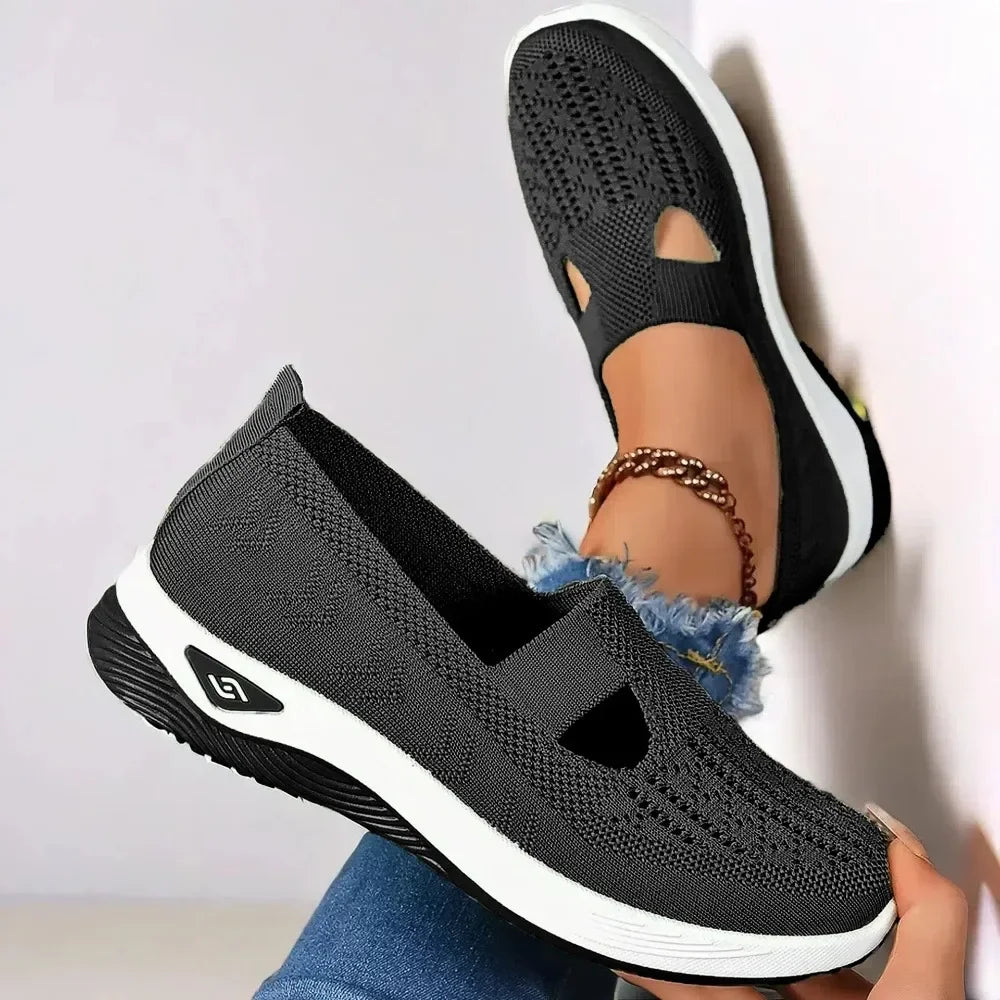Breathable Womens Walking Shoes Soft Sole Anti Slip Knit Casual Sneakers Comfortable Summer Flats for Elderly Ladies