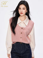 H Han Queen Pullover Sweaters Women Pink Fashion Buttons Elegant Patchwork Knitwear Simple Office Casual Sweater Reviews