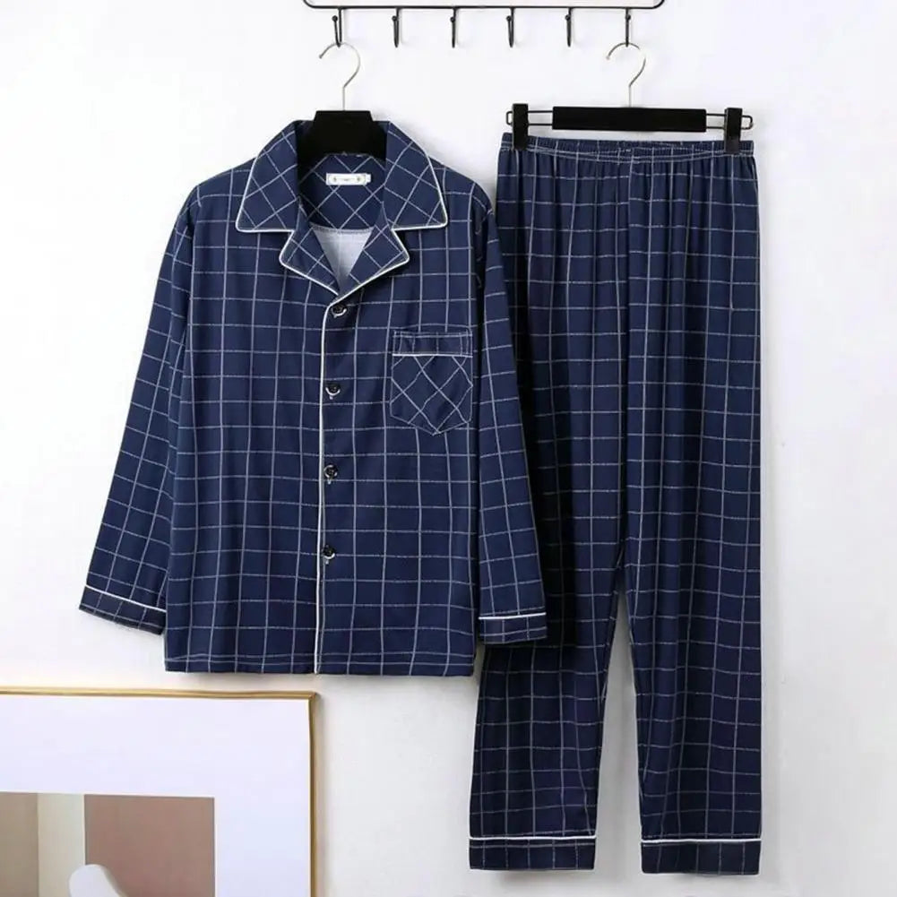 Comfy Milk Silk Loungewear Stylish Men's Fall Winter Pajama Set Striped Plaid Print Color Matching Lapel Single-breasted Long