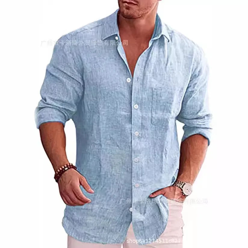 Casual Men Blouse Shirts Slim Turn Down Collar Long Sleeve Button Pocket Flax Business Tops NMD-6653