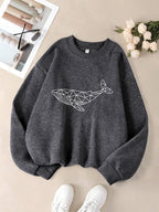 Simple Sketch Whale Printing Sweatshirts Womens Fleece Warm Casual Hoodies Crewneck Loose Pullover Winter Comfortable Clothes