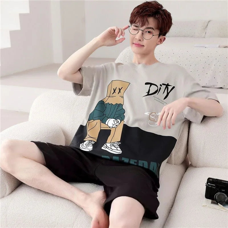 Men's Summer Pajamas Loungewear Set Round Neck Short Sleeve Thin Teen Men New Cartoon Casual Student Pajamas Loungewear Set