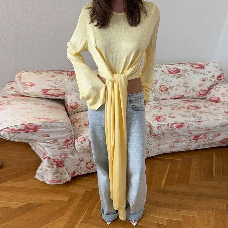 Chic Bow Lace Up Solid Sweater For Women Ribbons O-neck Full Flare Sleeve Tops 2025 Autumn Elegant Female Daily Casual Outerwear