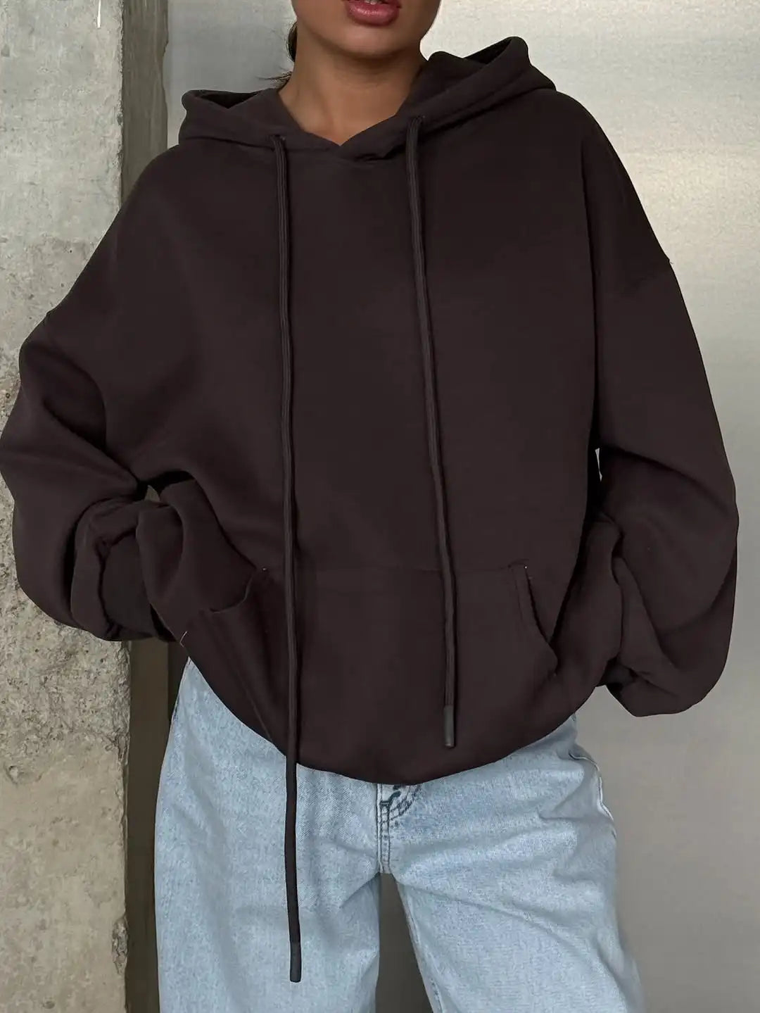Women Solid Drawstring Hooded Sweatshirt Casual Long Sleeve Loose Pockets Pullover 2025 Autumn Lady Daily Street Sweatshirts