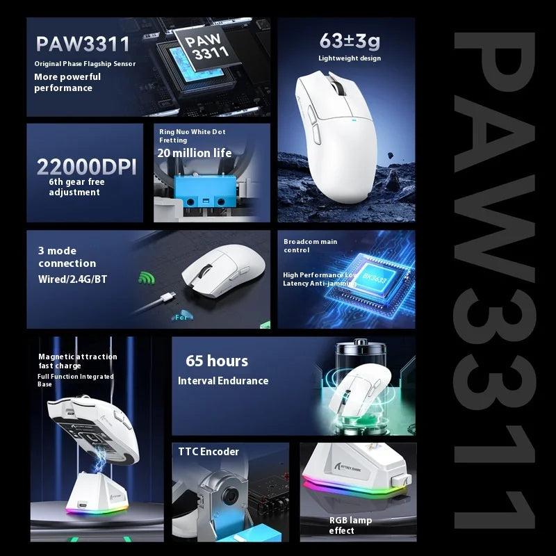Attack Shark X11 mouse lightweight PAW3311 E-sports game the third mock examination wireless Bluetooth mouse charging RGB bottom