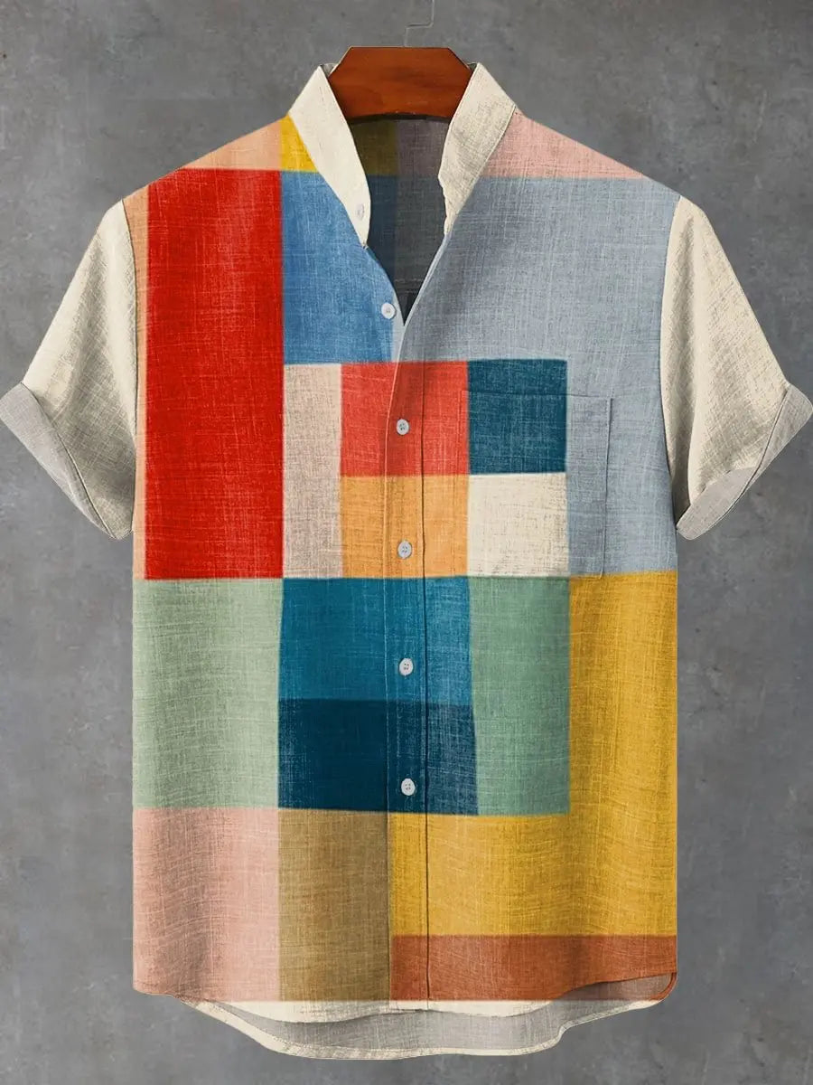 Men's summer casual fashion graffiti hip-hop style pattern linen short sleeved shirt high-quality button top