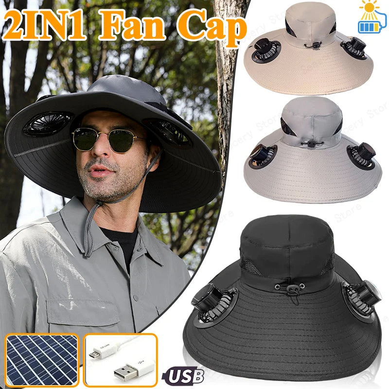 Multifunction Double Fan Solar Hat UV Protection Breathable Fisherman Cap Summer Outdoor Rechargeable Sun Fan Gift for Father