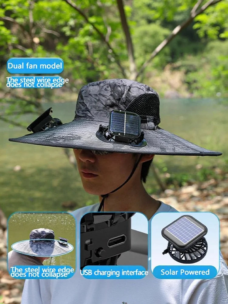 Wide Brim Solar Dual Fan Hat Outdoor Camping Fishing Hat Anti-UV Fan Hat for Men Mountain Climbing Sun Protection Fisherman Hat