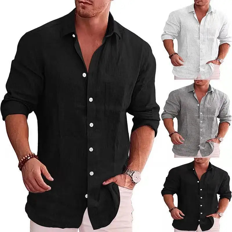 Casual Men Blouse Shirts Slim Turn Down Collar Long Sleeve Button Pocket Flax Business Tops NMD-6653