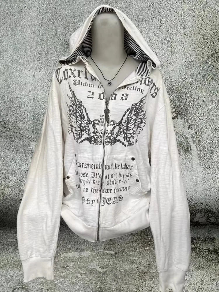 Grunge 2024 Print Slim Waist Y2k Hoodies Hooded Zip up Sweatshirts Vintage Women Clothing Long Sleeve Tops Casual Fashion