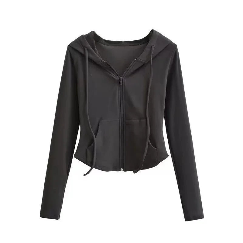 Spicy Girl Style Hooded Cardigan Sweatshirt Women's Spring Autumn Slimming Long Sleeve Cropped Top Trendy Waist-fitted
