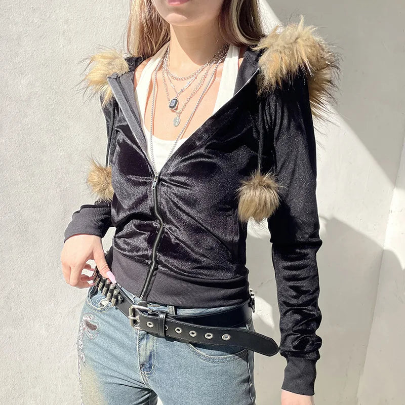 Goth Dark 90s Aesthetic Soft Velvet Zip Sweatshirt Hoodie Cyber Y2K Faux Collar Pocket Hooded Coats Women Slim Streetwear Gothic