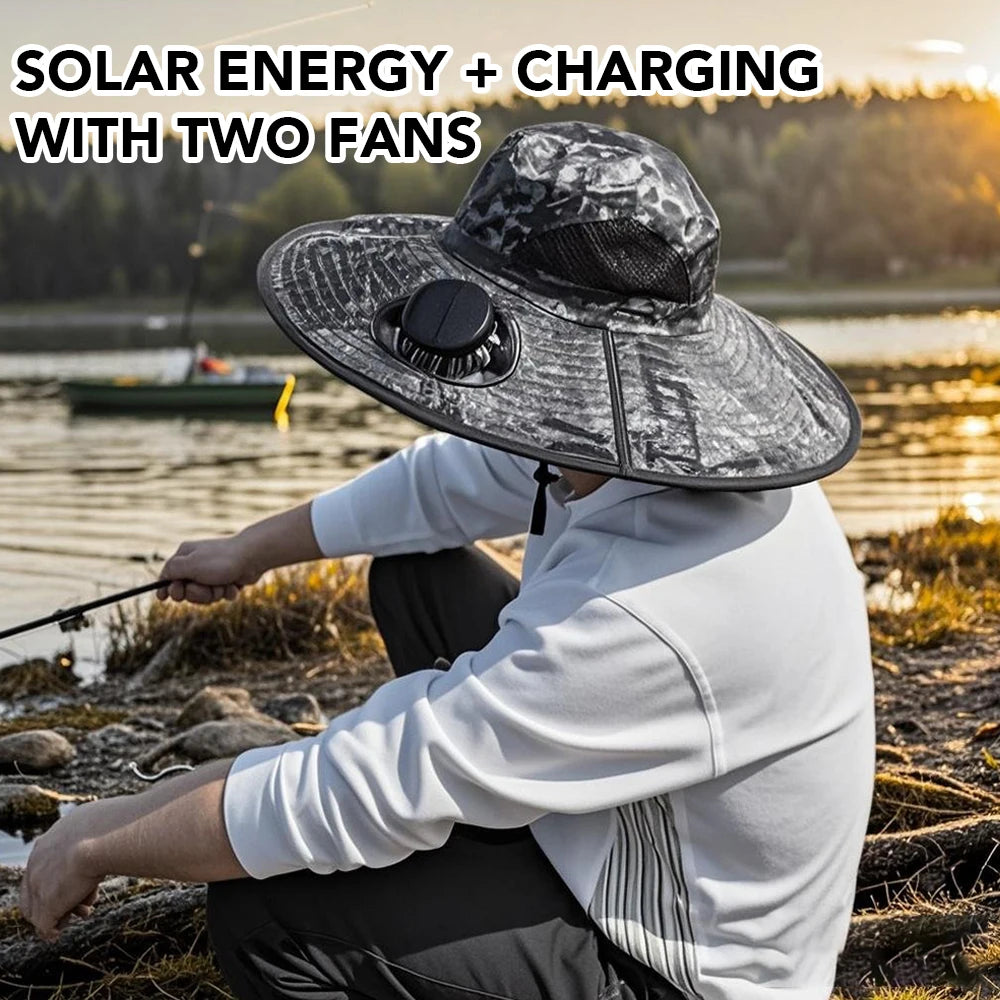 Solar Fan Hat Summer Camouflage Sun Bucket Hat for Men Women Outdoor Mountaineering Sunshade Fisherman Hat with Dual Cooling Fan