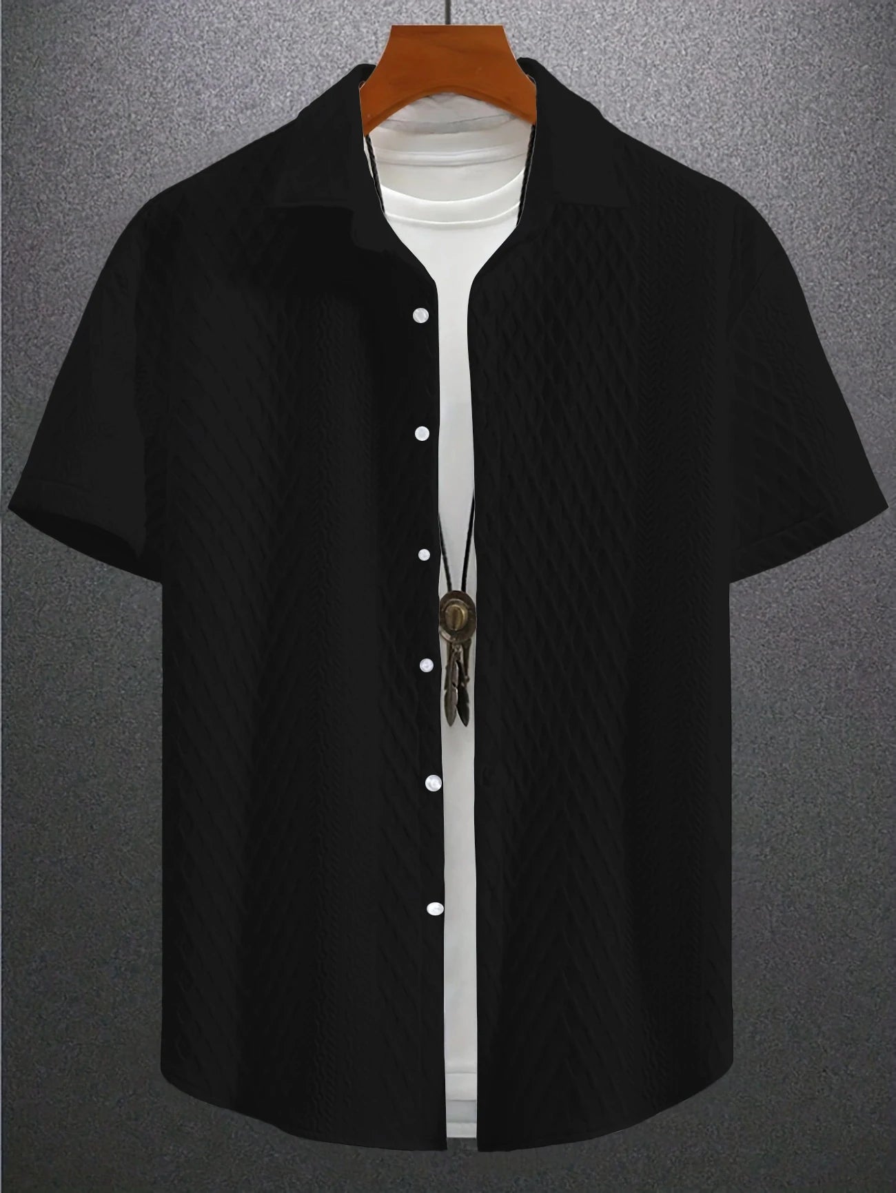 Summer casual short-sleeved men's shirt Casual Street wear jacquard lapel button down solid color men's vintage shirt S-2XL