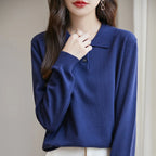 New Women Pure Cotton Sweater Polo Collar Pullover Casual Solid Color Knitwear Long Sleeve Autumn Winter Bottoming Clothing Tops