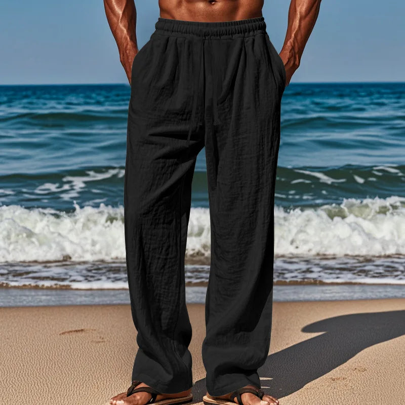 Spring Summer Thin Cotton Linen Loose Pants for Men Casual Elastic Waistband Solid Color Trousers Plus Size Beach Pants Man