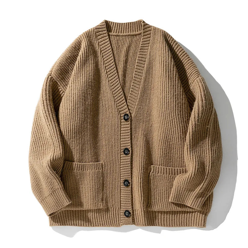 Thick Needle Texture Thickened Lazy Wind Cardigan Sweater Men's Autumn  Winter Keep Warm Retro Solid V-Neck Knit Sweater Jacket