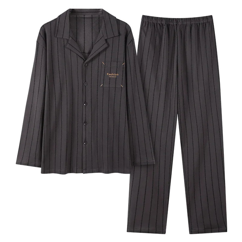 Pajamas Suit Men Pure Cotton Long-sleeved Striped Printed Cardigan Sleepwear Winter Soft Breathable Homewear Men Loungewear Set