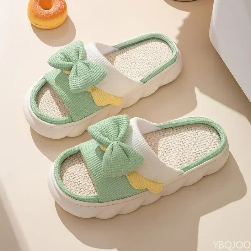 Linen Slippers Women Indoor Slippers Comzy Anti-Slip House Cotton Shoes  Cute Bowknot Flat Slipper Couples Slides Spring Summer