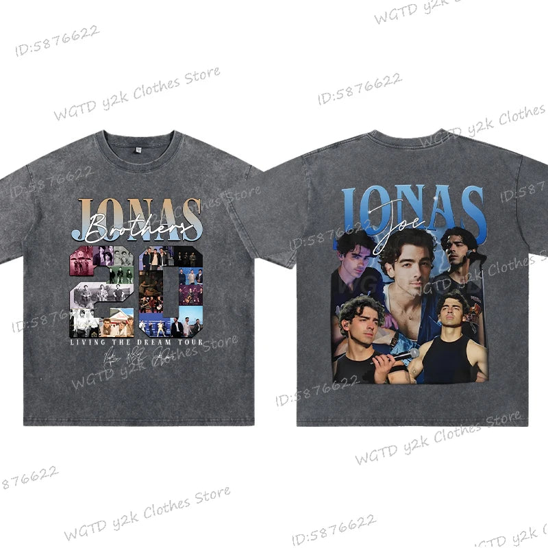 Vintage Jonas Bros 20th Annivesary Tour 2025 Print T-Shirt Short Sleeve Washed Tee Summer Women Men Shirt Casual Cotton Clothing