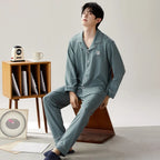 Pajamas Suit Men Pure Cotton Long-sleeved Striped Printed Cardigan Sleepwear Winter Soft Breathable Homewear Men Loungewear Set