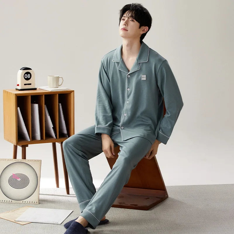 Pajamas Suit Men Pure Cotton Long-sleeved Striped Printed Cardigan Sleepwear Winter Soft Breathable Homewear Men Loungewear Set
