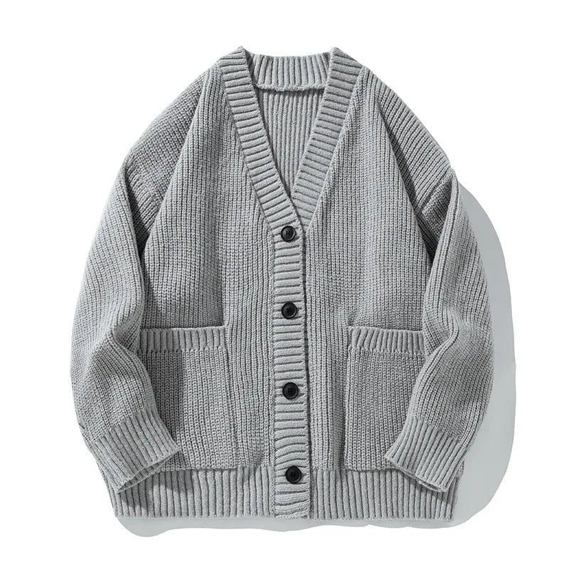 Thick Needle Texture Thickened Lazy Wind Cardigan Sweater Men's Autumn  Winter Keep Warm Retro Solid V-Neck Knit Sweater Jacket