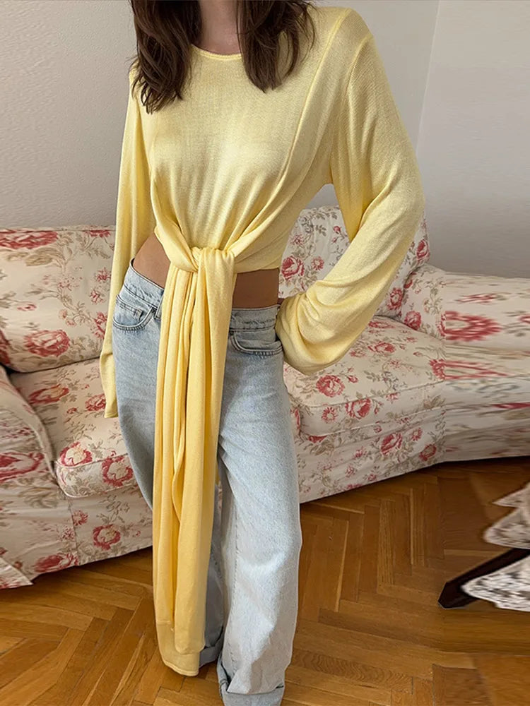 Chic Bow Lace Up Solid Sweater For Women Ribbons O-neck Full Flare Sleeve Tops 2025 Autumn Elegant Female Daily Casual Outerwear