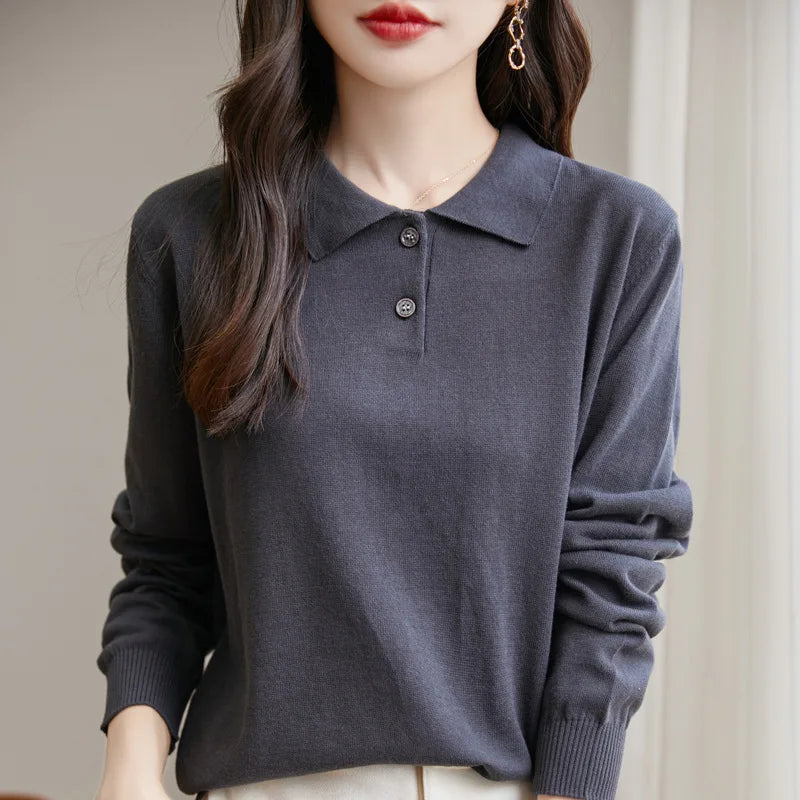 New Women Pure Cotton Sweater Polo Collar Pullover Casual Solid Color Knitwear Long Sleeve Autumn Winter Bottoming Clothing Tops