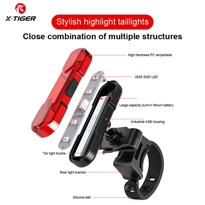 X-TIGER Bicycle Rear Light Waterproof MTB Bicycle Light USB Charge LED Bicycle Taillight Flash Tail Safety Bike Warning Light