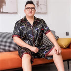 160kg 5XL Plus Size Satin Loose Loungewear Men Short Sleeve Ice Silk Pajama Button Down 2-Piece Pjs Set Sleepwear Home Clothes