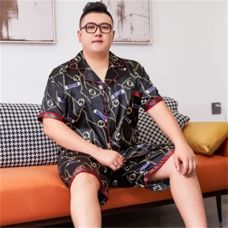 160kg 5XL Plus Size Satin Loose Loungewear Men Short Sleeve Ice Silk Pajama Button Down 2-Piece Pjs Set Sleepwear Home Clothes