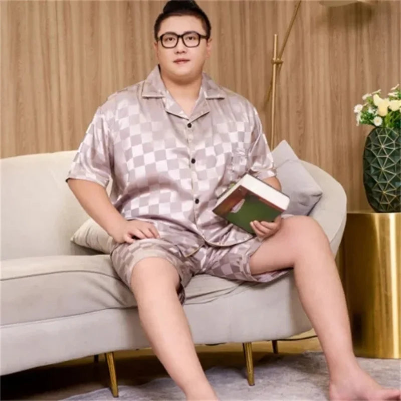 160kg 5XL Plus Size Satin Loose Loungewear Men Short Sleeve Ice Silk Pajama Button Down 2-Piece Pjs Set Sleepwear Home Clothes