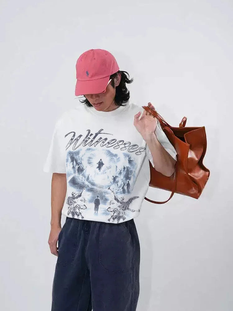 Men T-Shirt Angel Graphic Short Sleeve Tee Tops Harajuku Cotton Vintage Printed Oversized Korean Fashion Streetwear Y2k Clothing