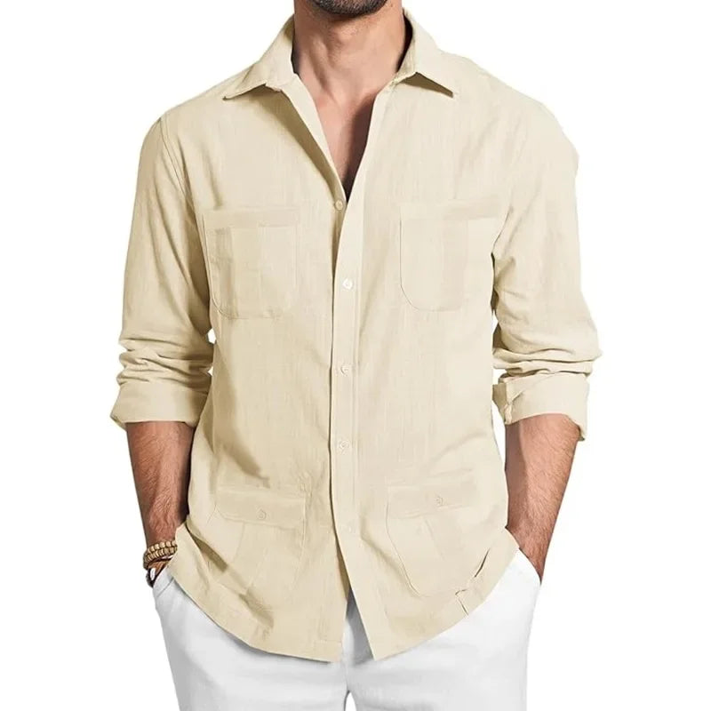 Men's Cuban Guayabera Long Sleeve Shirt Linen Casual Button up Beach Top Comfortable Breathable Summer Fashion Clothing