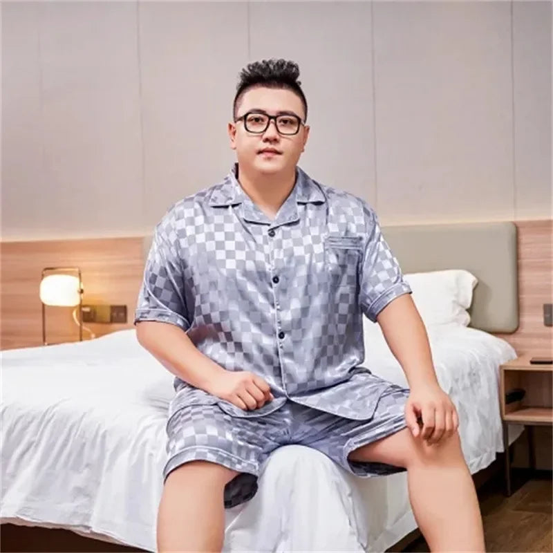 160kg 5XL Plus Size Satin Loose Loungewear Men Short Sleeve Ice Silk Pajama Button Down 2-Piece Pjs Set Sleepwear Home Clothes
