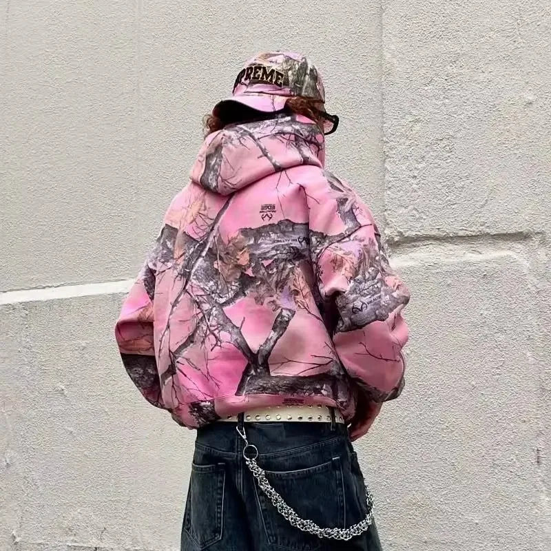 Y2K Retro Hoodie Men Pink Branch Print Camouflage Pattern Sweatshirt High Street Hip Hop Streetwear Goth Camo Hoodie Unisex Coat