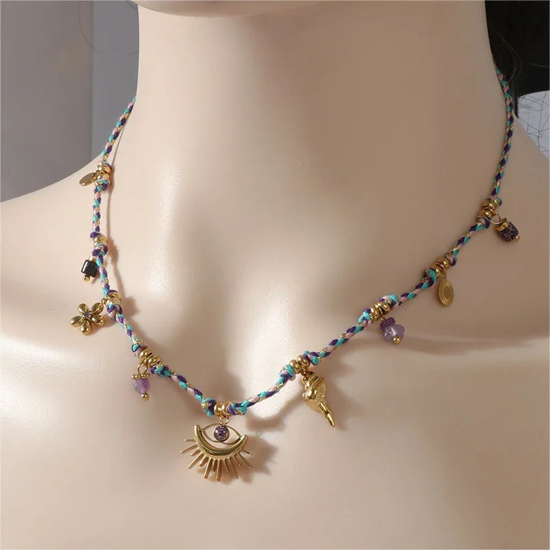 Miranda Fashion Rope Braided Handmade Necklace Drop Natural Stone Devil's Eye Heart Stainless Steel Accessories Popular Jewelry
