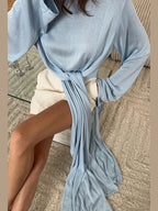 Chic Bow Lace Up Solid Sweater For Women Ribbons O-neck Full Flare Sleeve Tops 2025 Autumn Elegant Female Daily Casual Outerwear